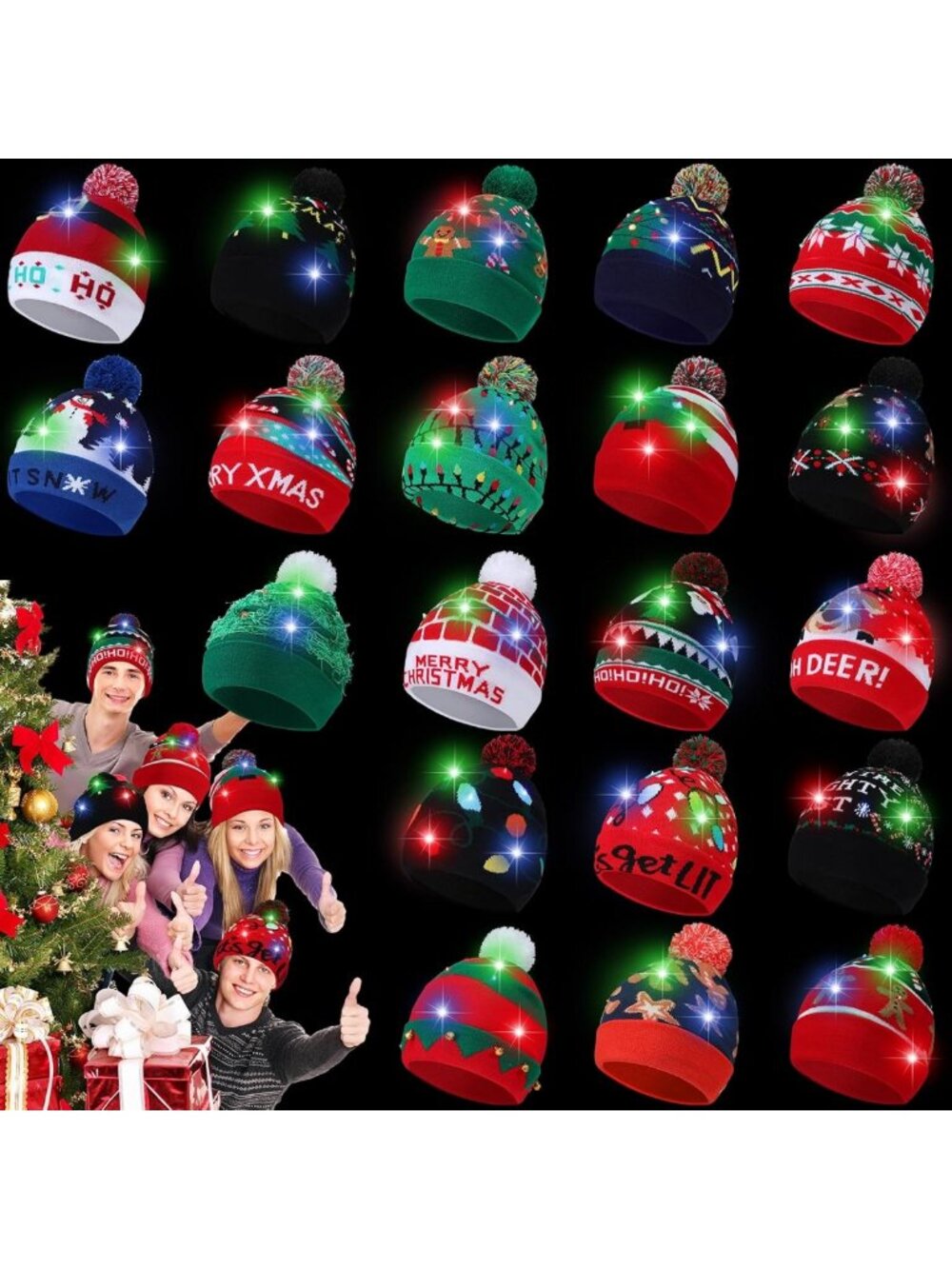 Liitrsh 20 Pcs Light up Christmas Hats LED Christmas Beanie, Xmas Sweater Beanie